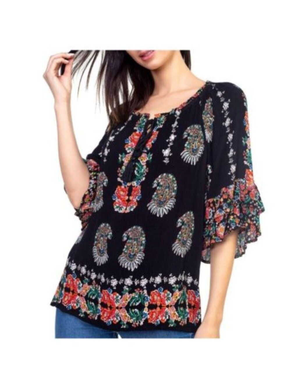Bila Floral Tunic Top Sz M Boho Paisley Peasant Flowy Off Shoulder Bell Sleeve